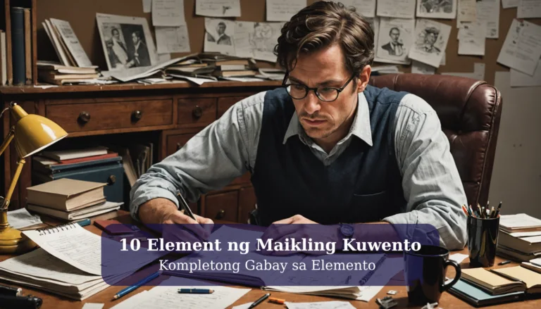 Man writing at desk filled with papers.