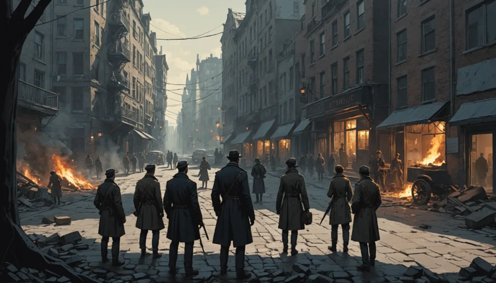 Uniformed figures face burning city street chaos.