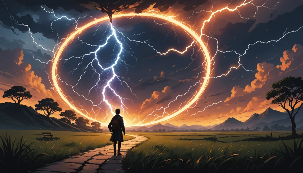 Person observing ring of lightning in sunset sky.