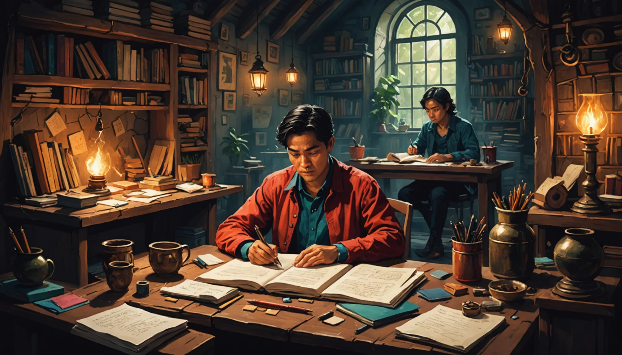 Two people studying in a cozy, book-filled room.