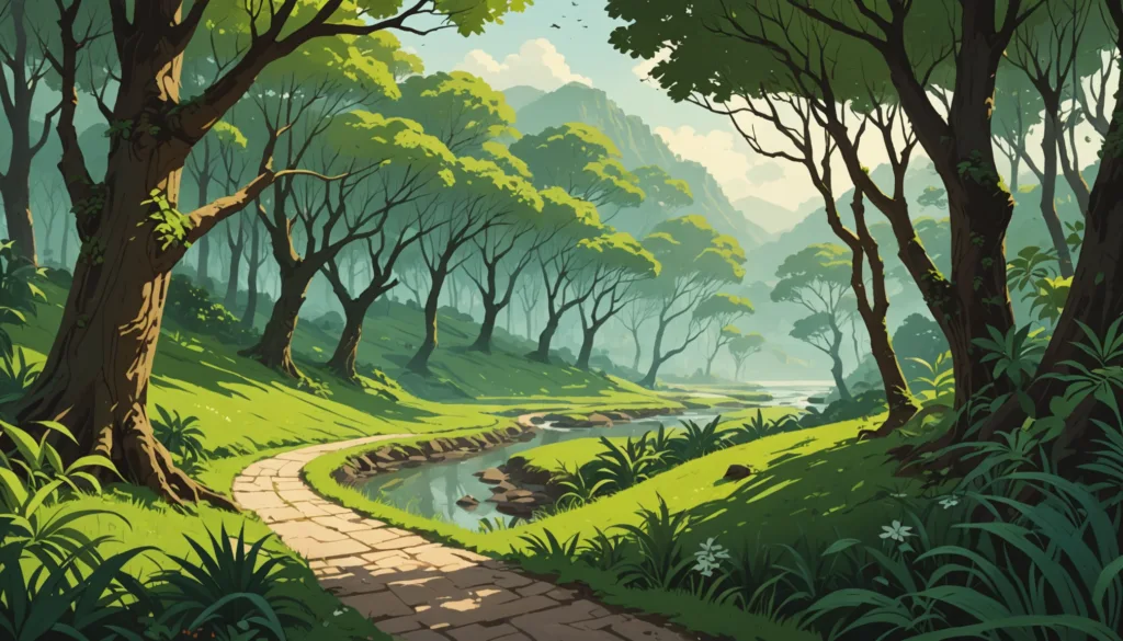 Scenic forest path with river and trees