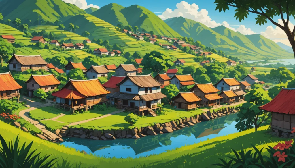 Colorful rural village with mountain backdrop.