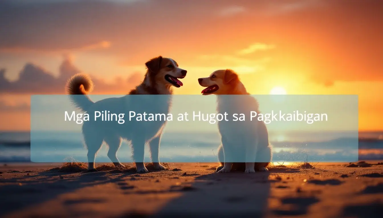 Two dogs at sunset on the beach.