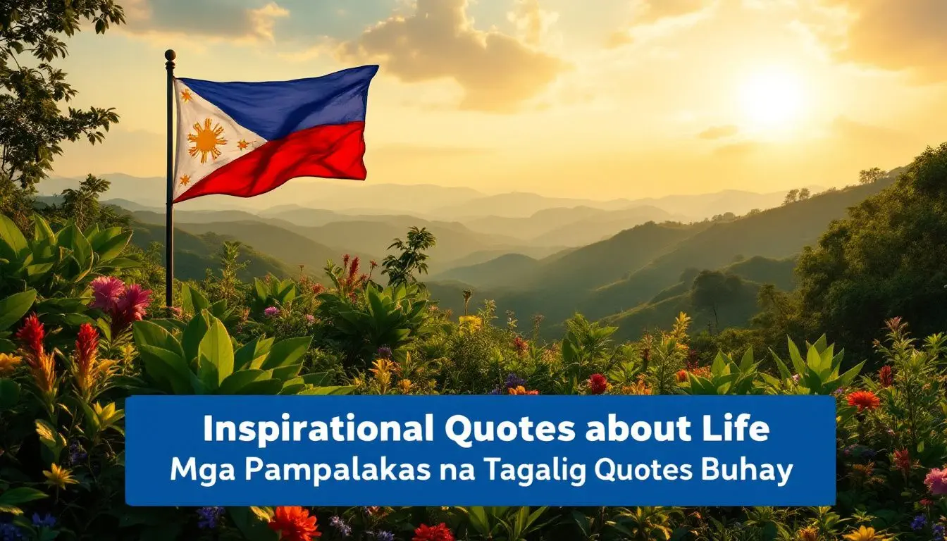 Philippine flag with sunset over mountains and flowers.