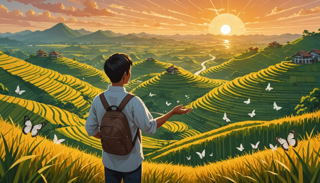 Traveler in rice terraces at sunset.
