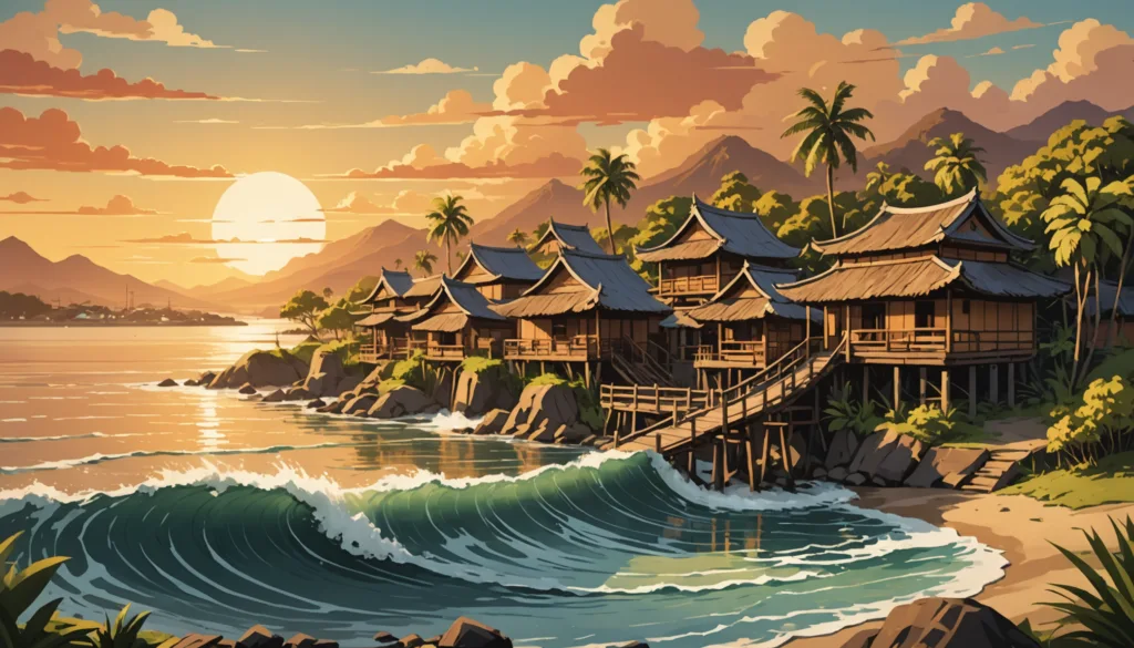 Tropical sunset over oceanfront huts and palm trees.