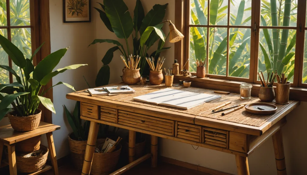 Cozy bamboo desk with plants and art supplies.