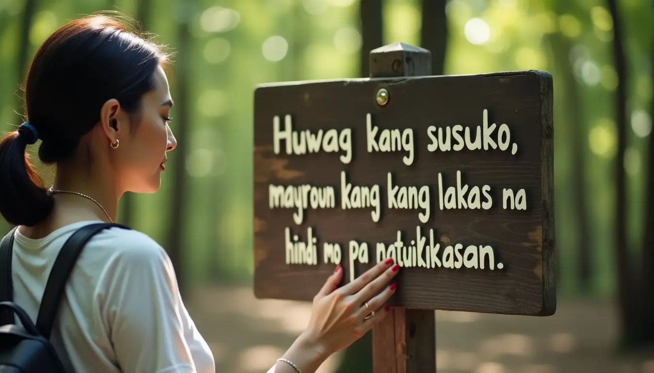 Isang babae na nagbabasa ng inspirasyonal na mensahe sa kagubatan.
