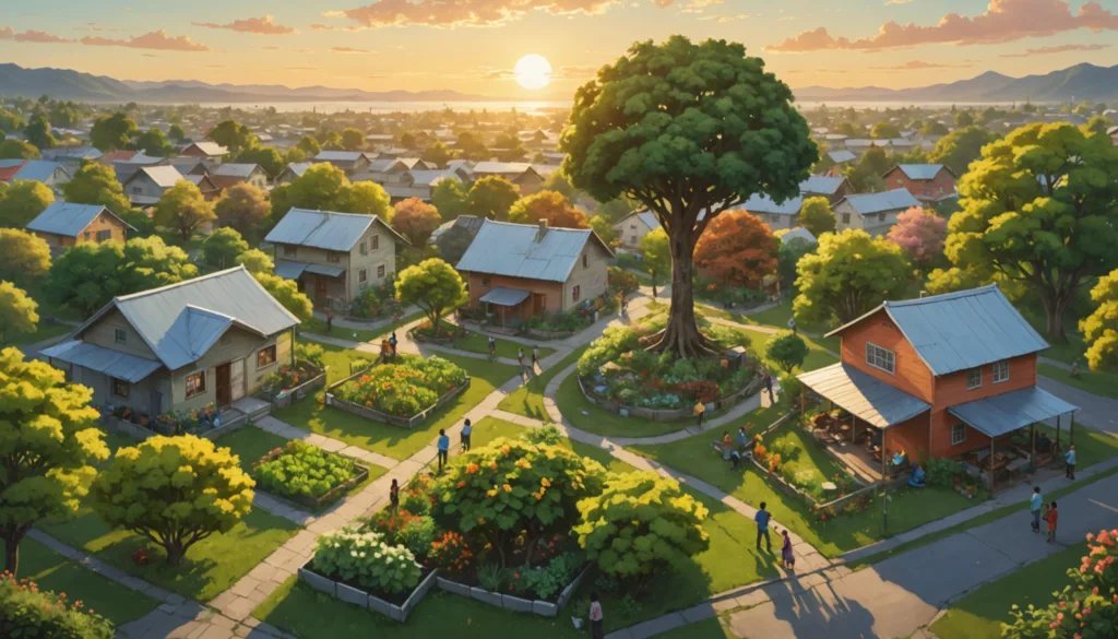 Charming neighborhood park with houses at sunset.