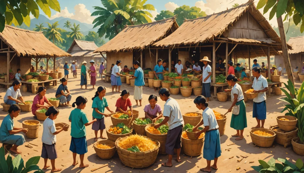 Market scene with baskets of colorful vegetables.