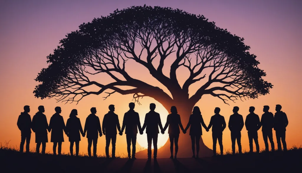 Silhouetted group holding hands under tree at sunset.