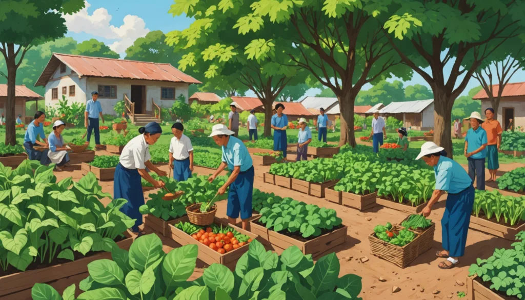 Community farmers harvesting vegetables in garden.
