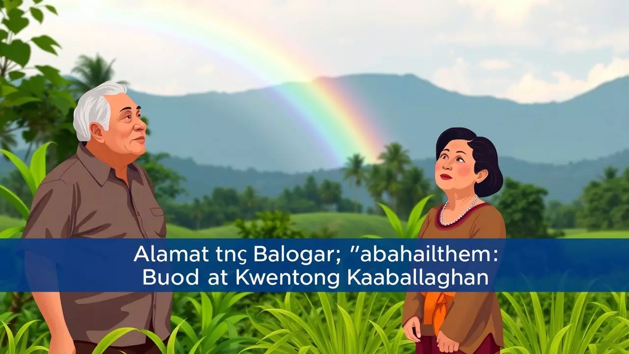 Elderly couple under rainbow in lush landscape.