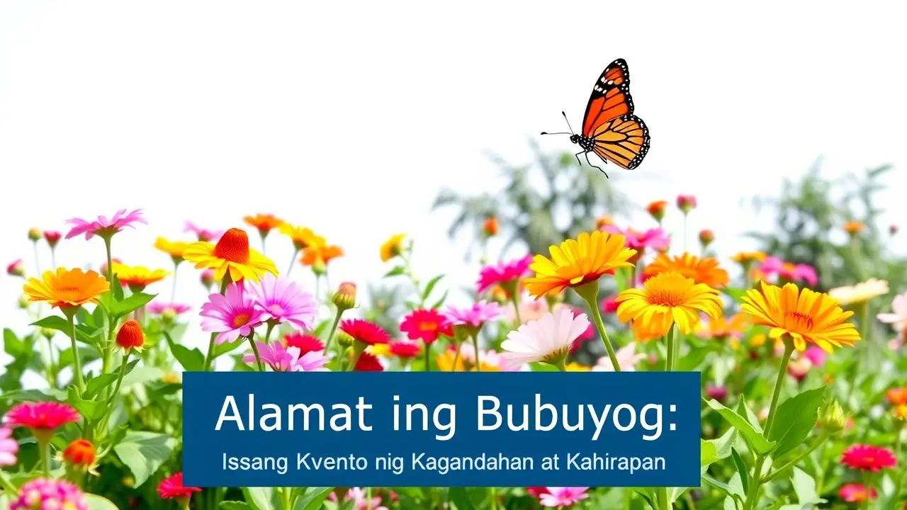 Colorful flowers and butterfly in a garden scene.