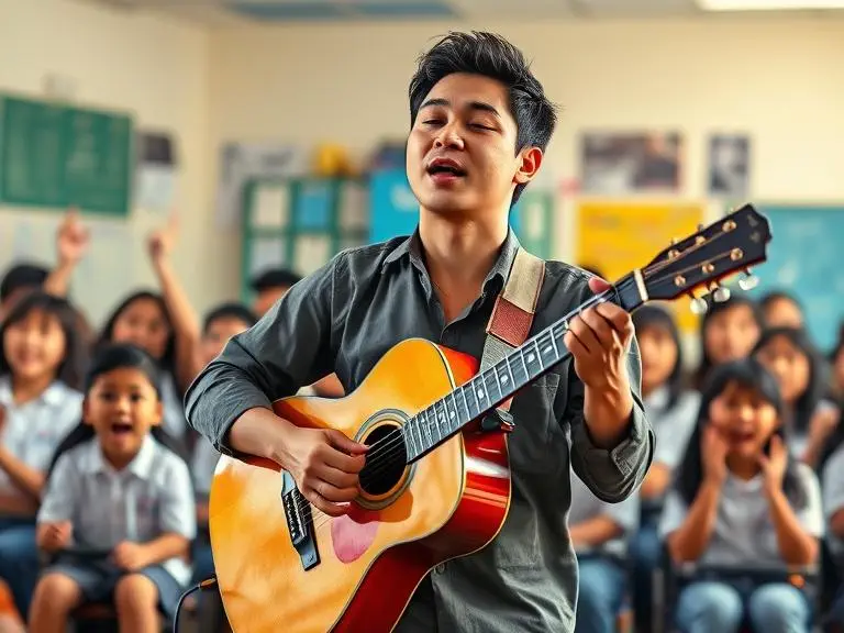 Man playing guitar for enthusiastic children in classroom.