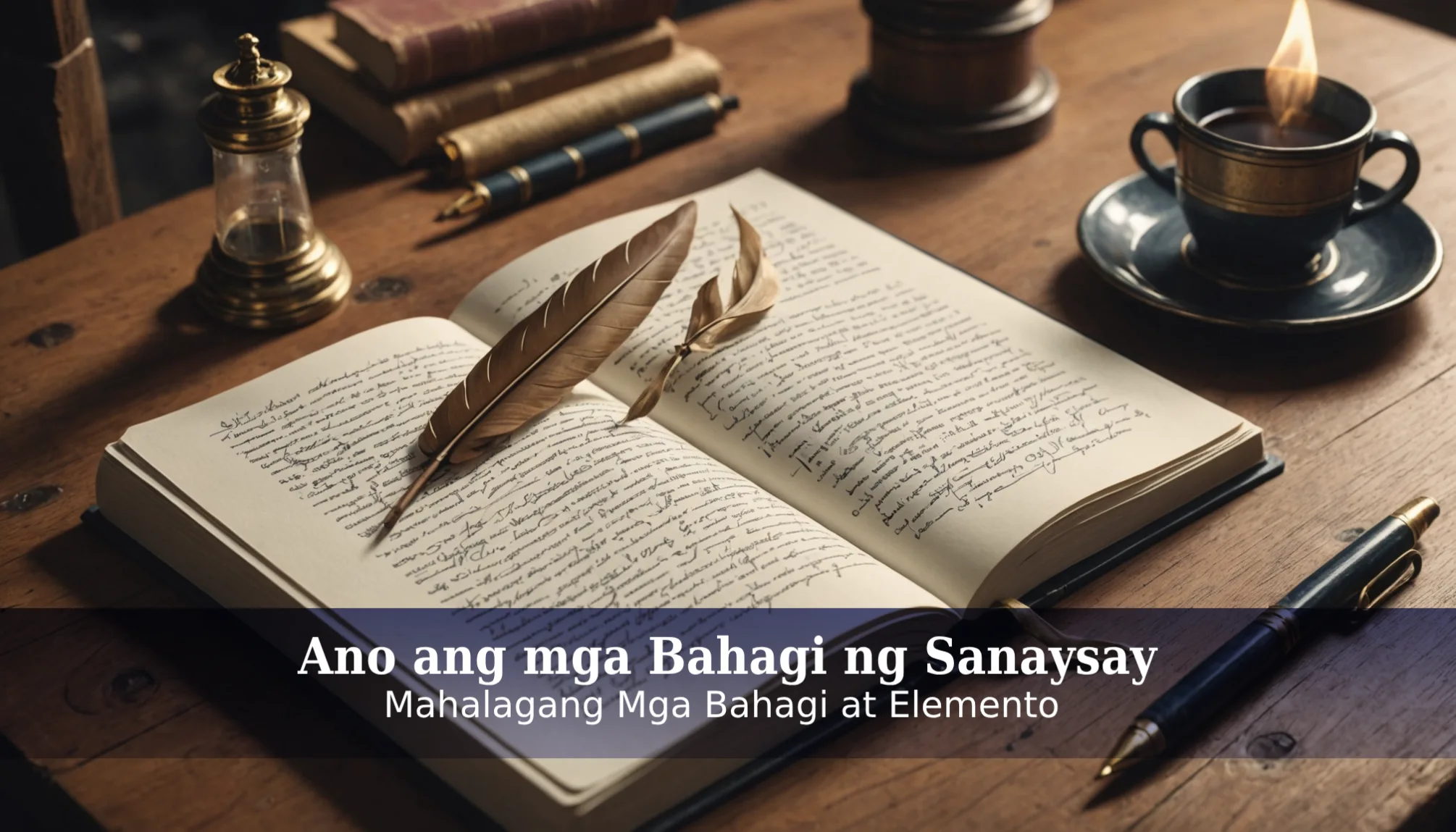 Open book with quill and coffee on table.