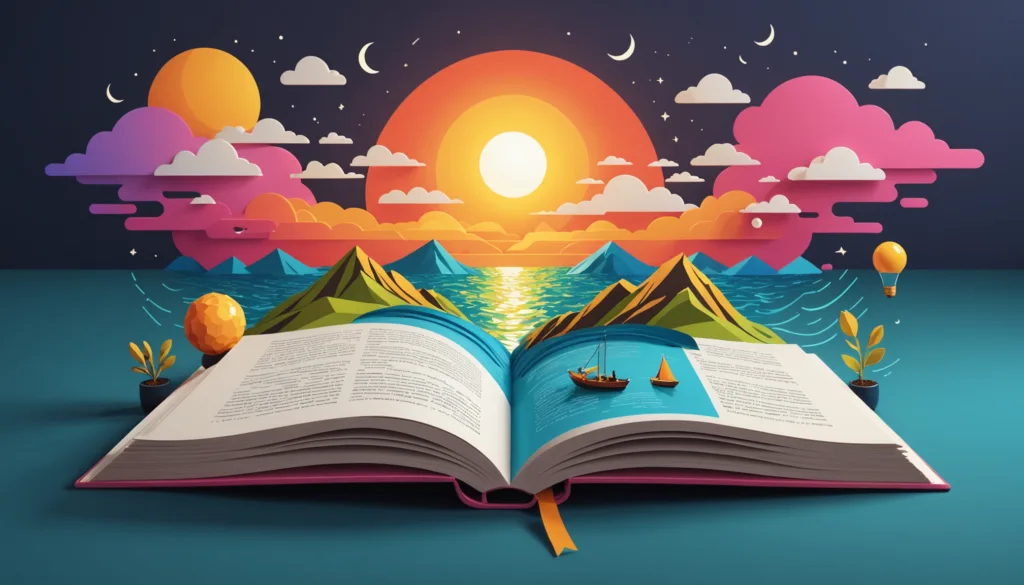 Colorful landscape emerging from an open book.
