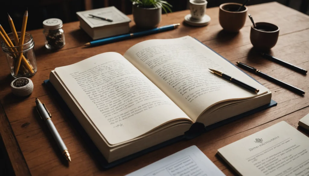 Open book with writing on desk.