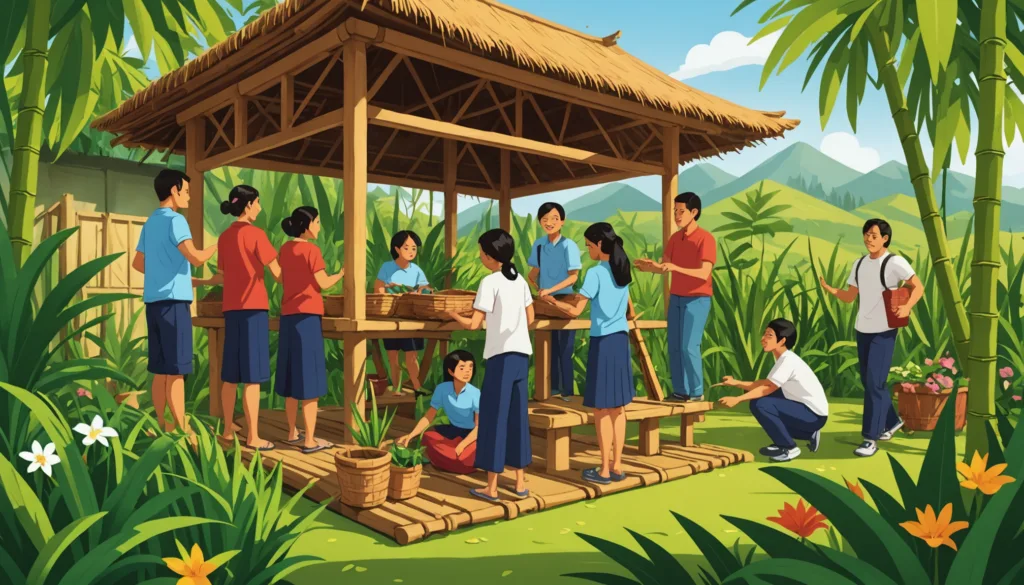 Students learning outdoors at wooden pavilion, tropical garden.