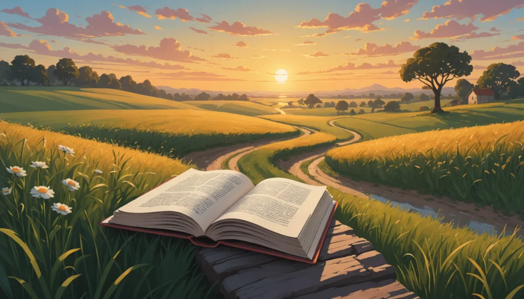 Open book on path to sunset in field