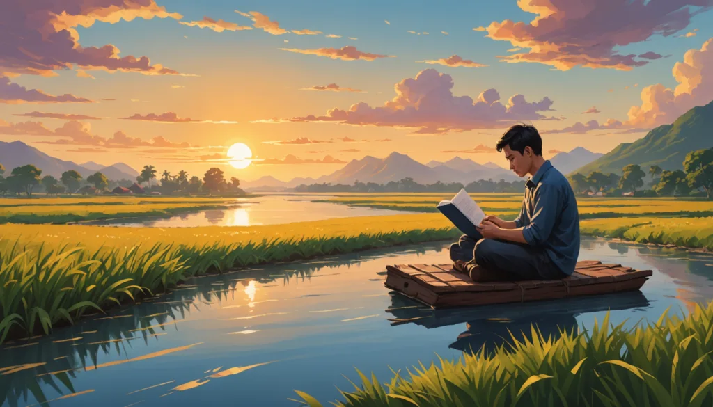 Man reading on raft at sunset in rice field.
