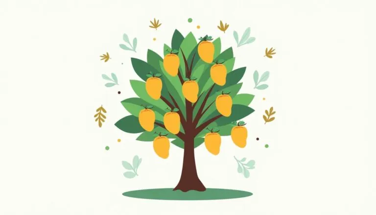 Illustration of mango tree with fruits and leaves.