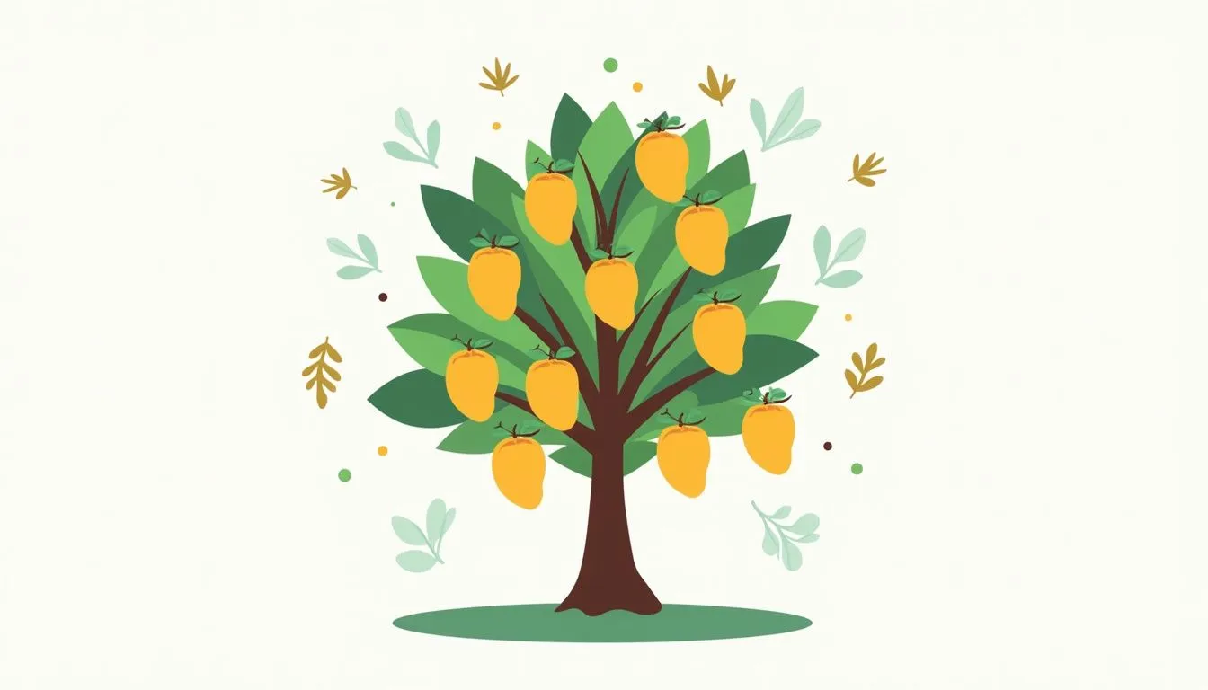 Illustration of mango tree with fruits and leaves.