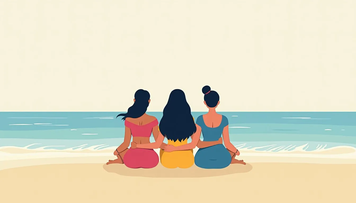 Three friends sitting on beach, looking at ocean.