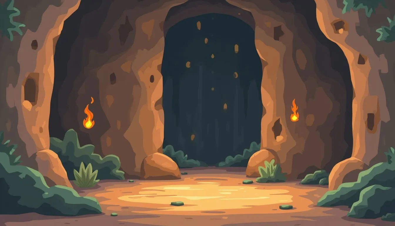 Illustrasyon ng sinaunang kuweba na may minimalist na disenyo at simbolismo.