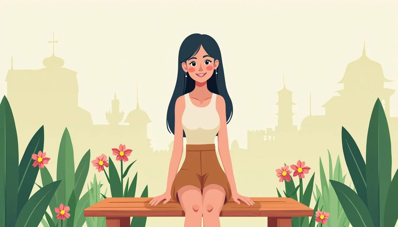 Isang batang babae na nakaupo sa simpleng bench na may bulaklak. Isang batang babae na nakaupo sa simpleng bench na may bulaklak.