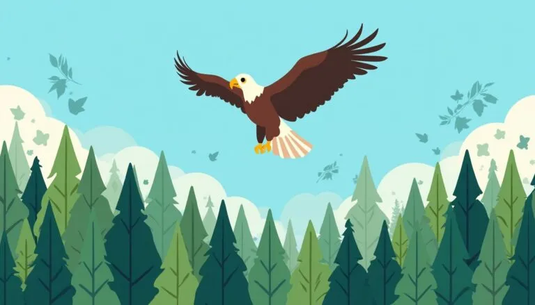 Eagle soaring above pine forest.