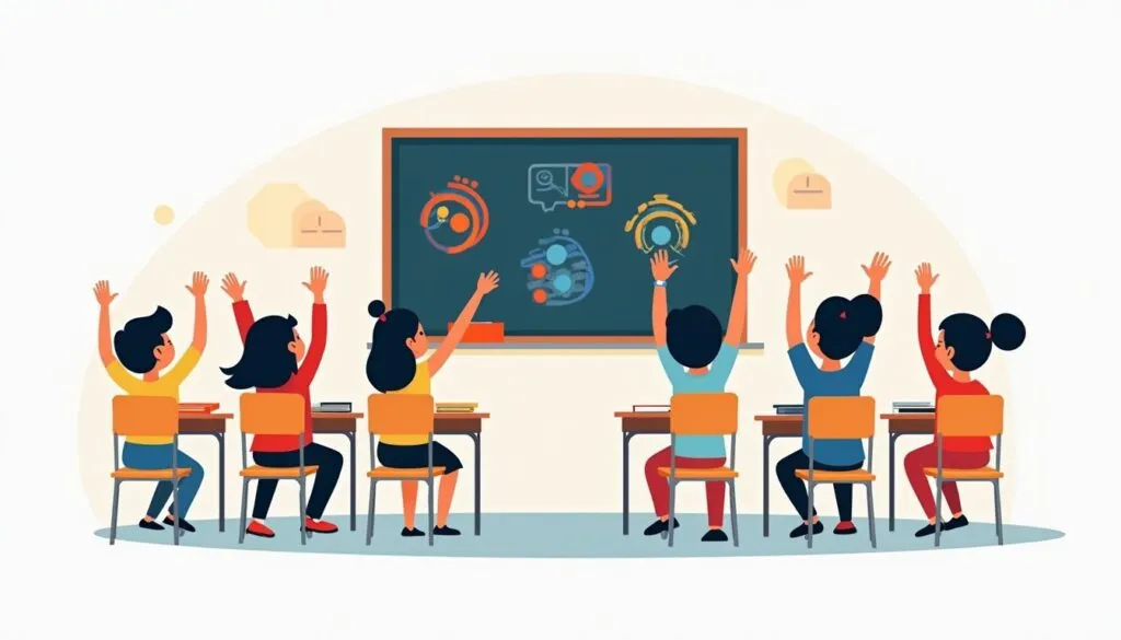 Students raising hands in classroom