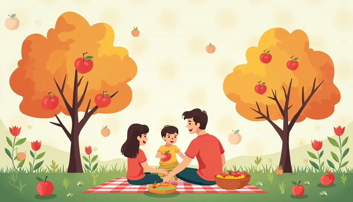 Pamilya na nag-picnic sa maliwanag na prutas na orchard. Pamilya na nag-picnic sa maliwanag na prutas na orchard.