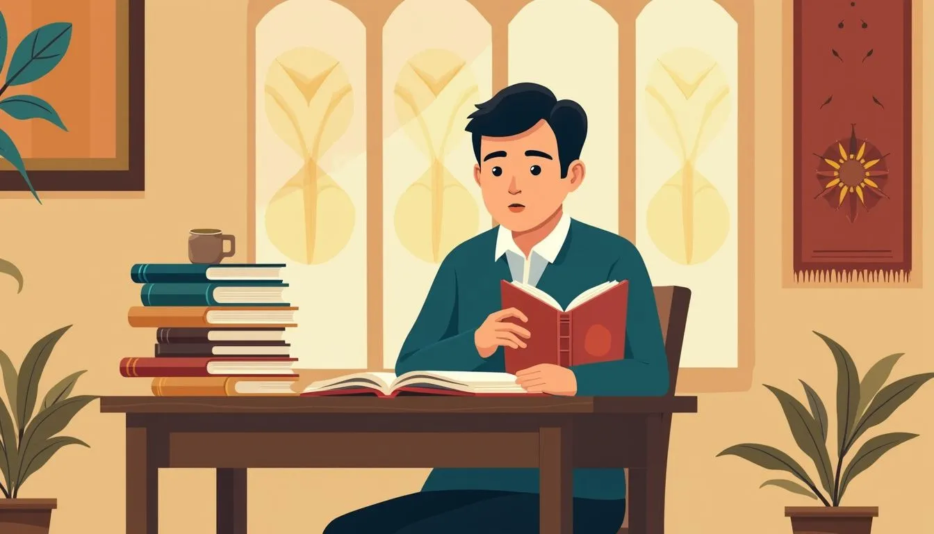 Illustration of man reading book at desk