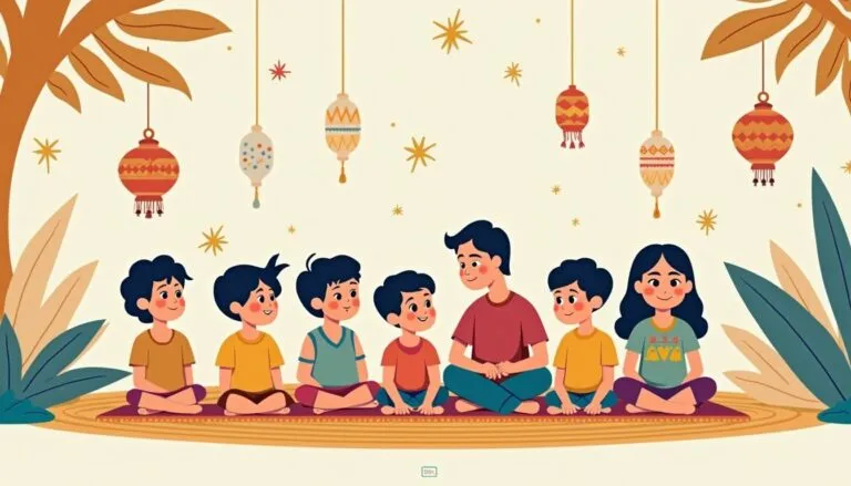 Children sitting on rug under decorative lanterns
