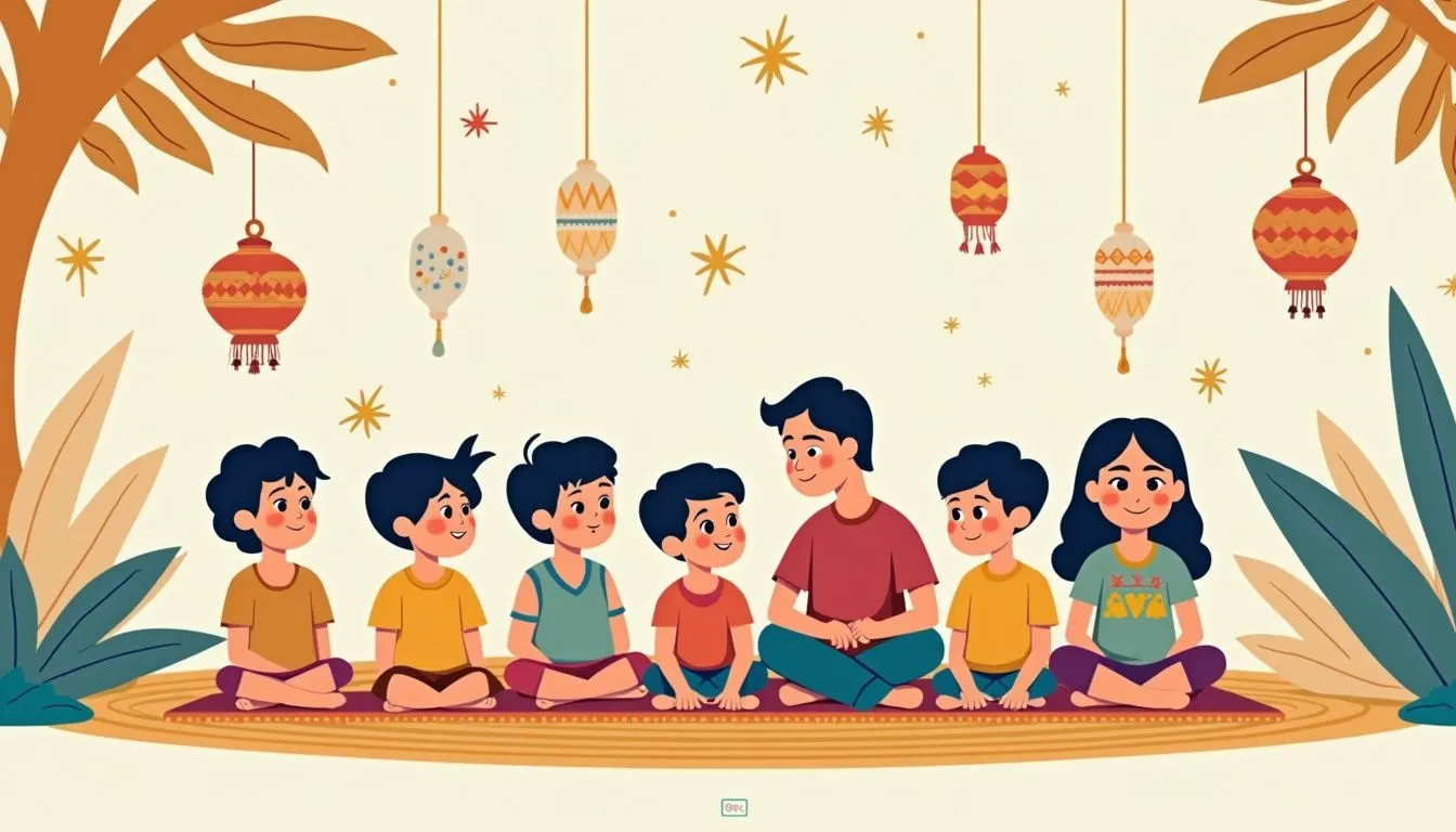 Children sitting on rug under decorative lanterns