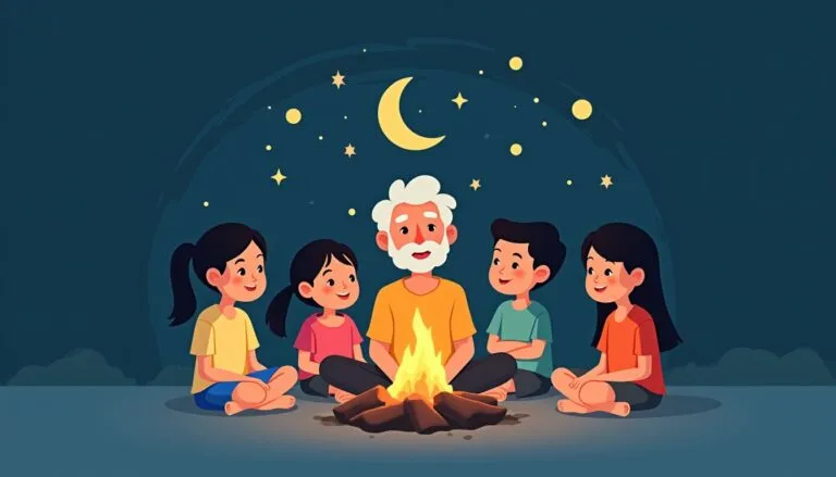 Family storytelling around campfire under stars