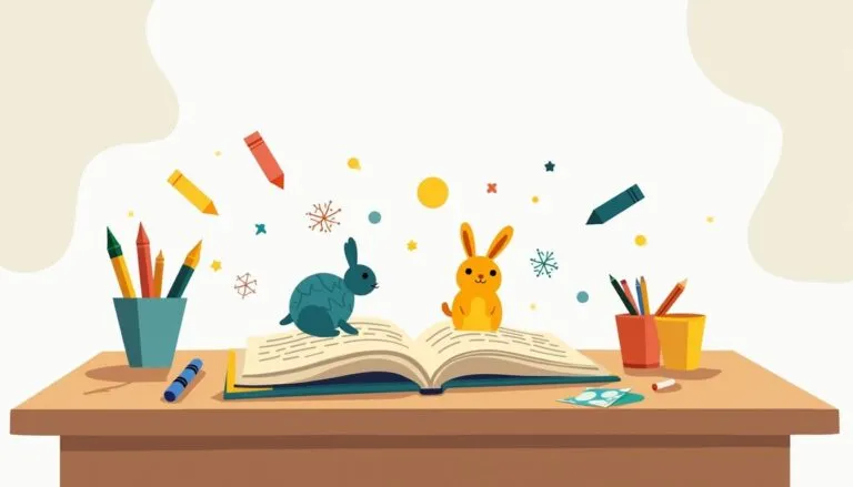 Colorful desk with book, pencils, playful animals.