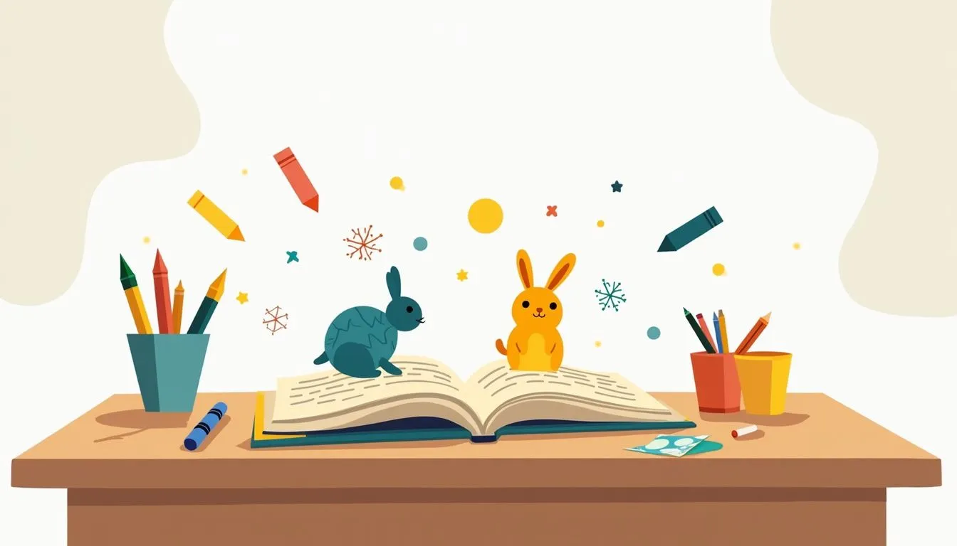 Colorful desk with book, pencils, playful animals.