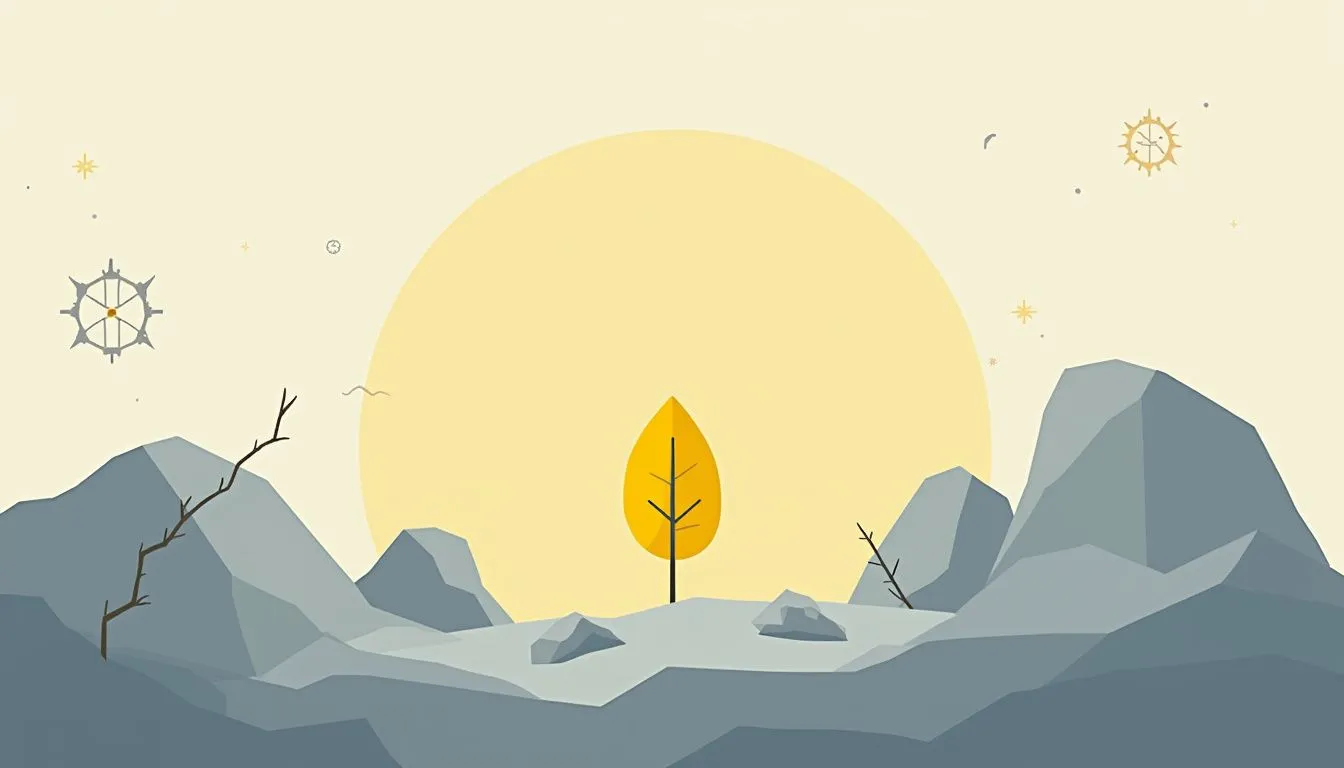 Illustration of tree, sun, and mountains landscape.