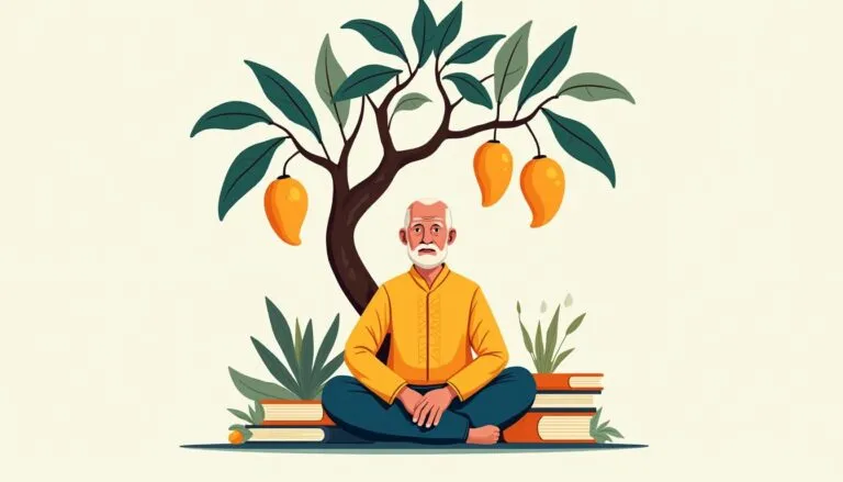 Elderly man meditating under mango tree with books.