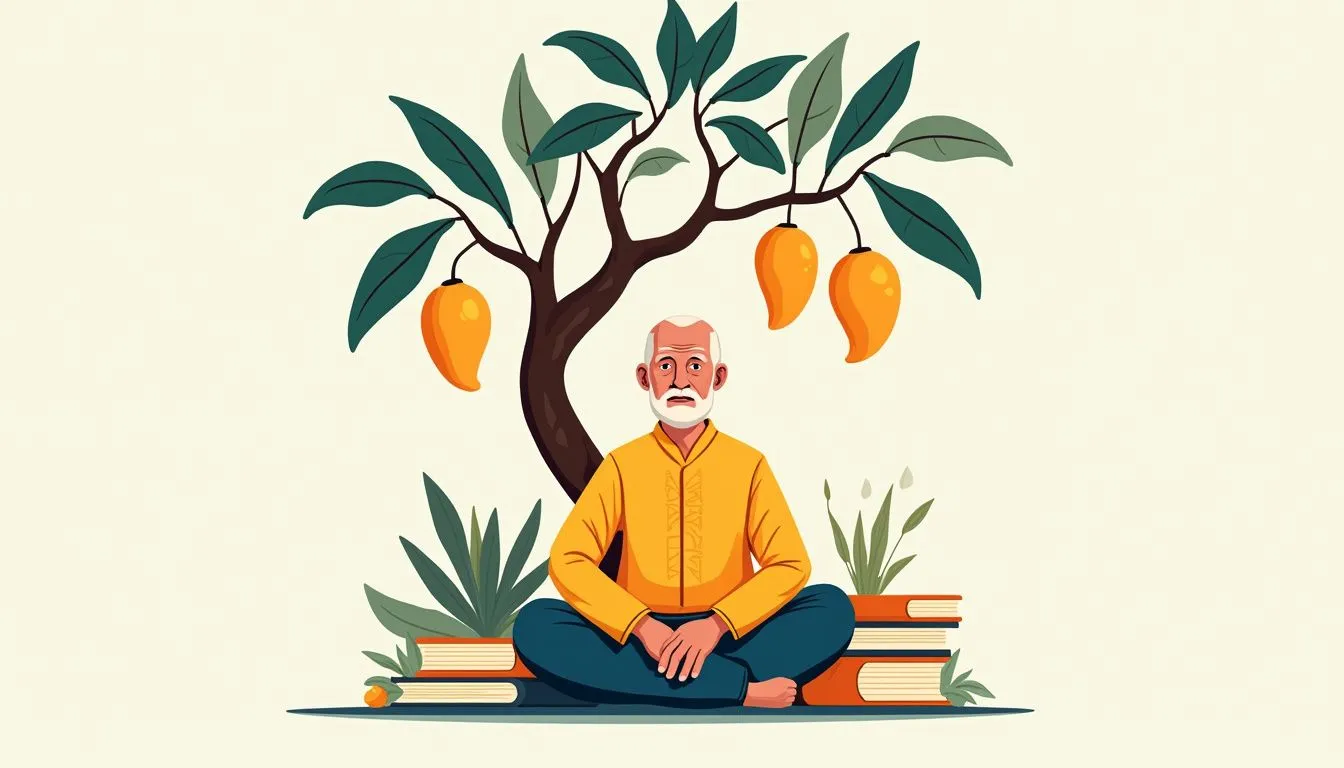 Elderly man meditating under mango tree with books.