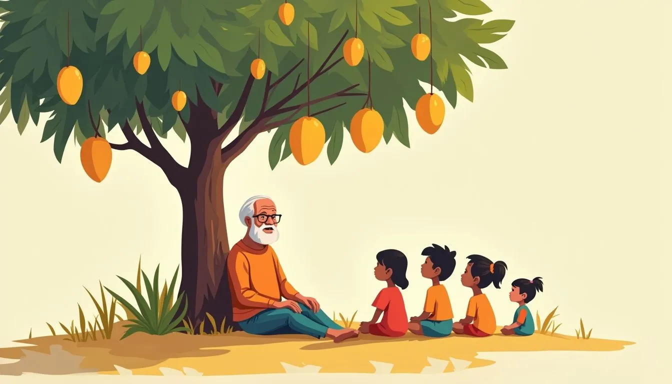 Isang matandang lalaki na kwentuhan ang mga bata sa ilalim ng mangga. Isang matandang lalaki na kwentuhan ang mga bata sa ilalim ng mangga.