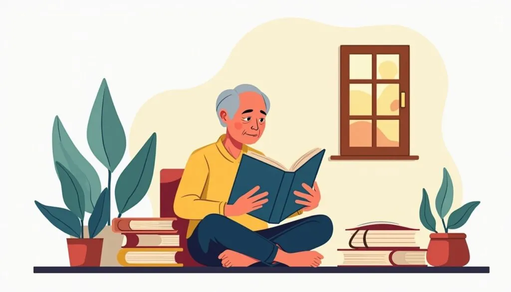 Elderly man reading book by window, surrounded by plants.