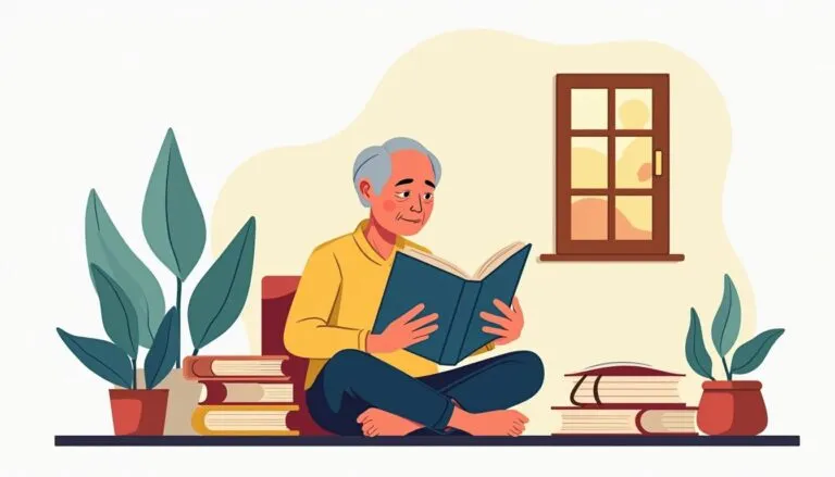 Elderly man reading book by window, surrounded by plants.