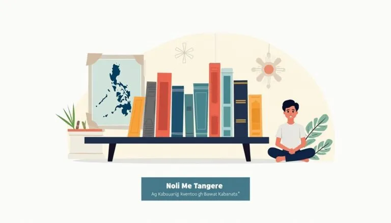 Bookshelf, Philippine map, and seated person illustration.