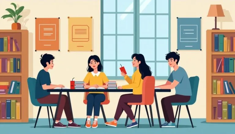 Students studying together in library.