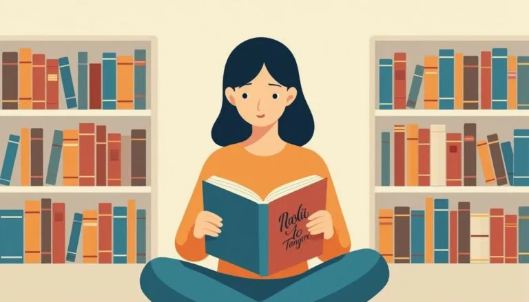 Woman reading book in library.