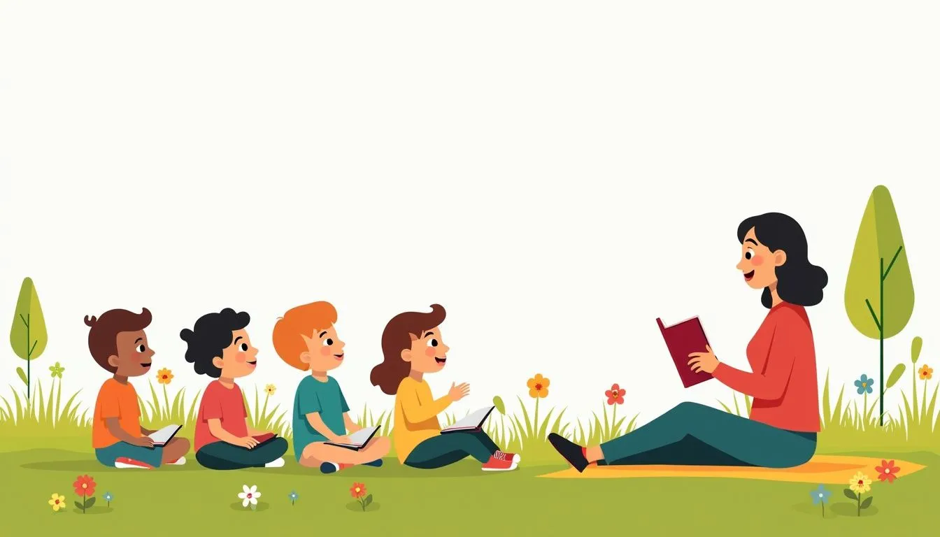 Grupo ng mga estudyante na nakikinig sa guro sa berdeng damuhan.